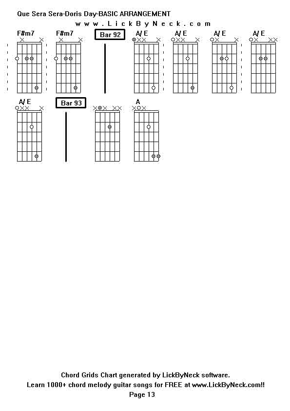 Chord Grids Chart of chord melody fingerstyle guitar song-Que Sera Sera-Doris Day-BASIC ARRANGEMENT,generated by LickByNeck software.